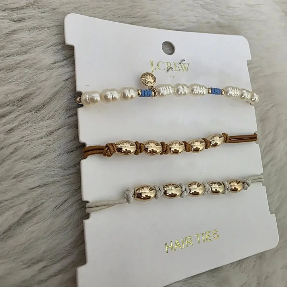 J. Crew Pearl and Metallic Beaded Hair Ties 3-Pack Gold Brass Scrunchies NWT